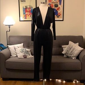 American Apparel Long Sleeve Deep V Shiny Jumpsuit